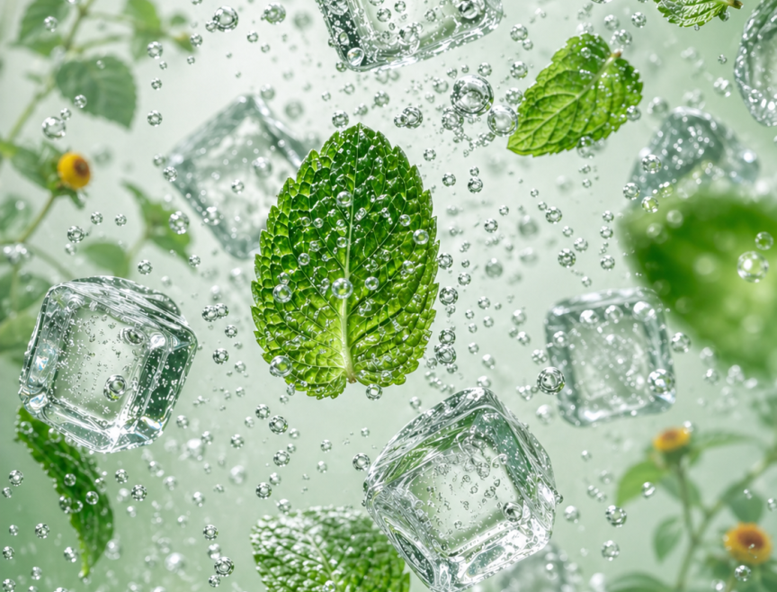 Mint leaves, ice cubes, bubbles and jambu plants float in a light green environment.