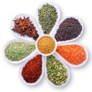 A colorful array of spices indicating Bedoukain's leadership as a flavor and fragrance suppplier